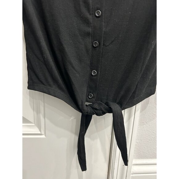 No Boundaries Tie Button Front Lace Back Top Black Ribbed 3/4 Sleeve Grunge - Picture 4 of 8